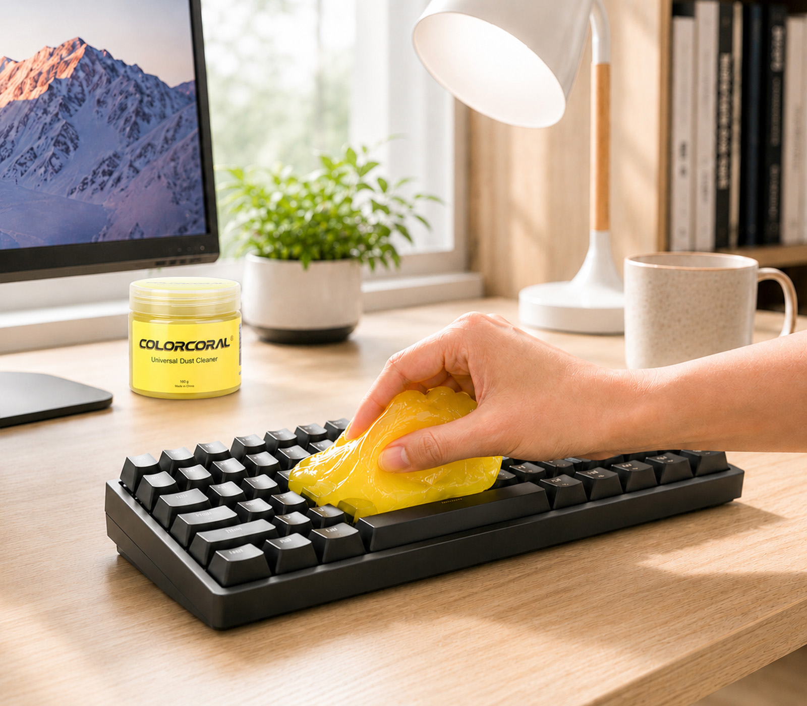 ColorCoral cleaning gel used on a keyboard desk setup