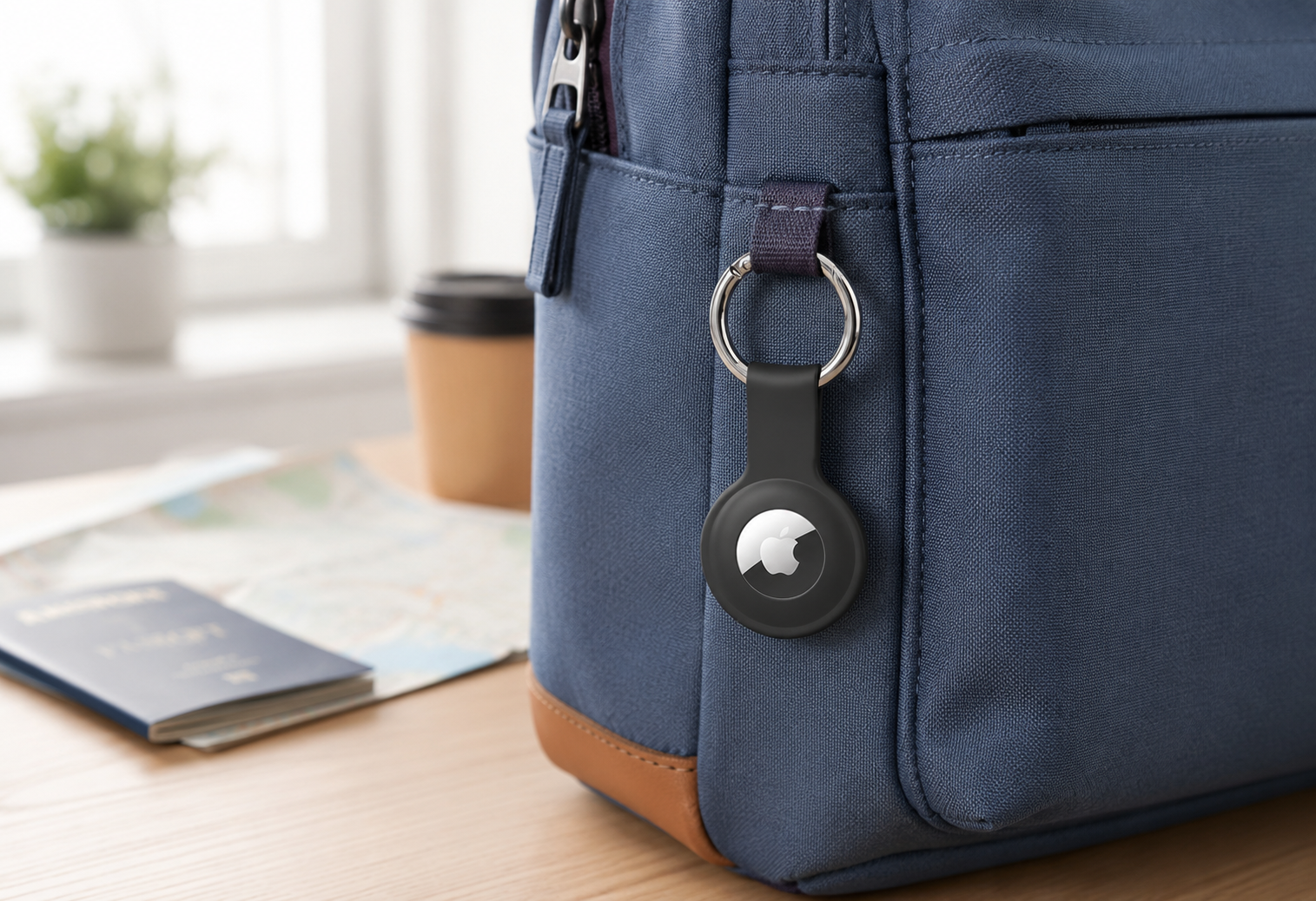 ColorCoral black AirTag holder attached to a backpack