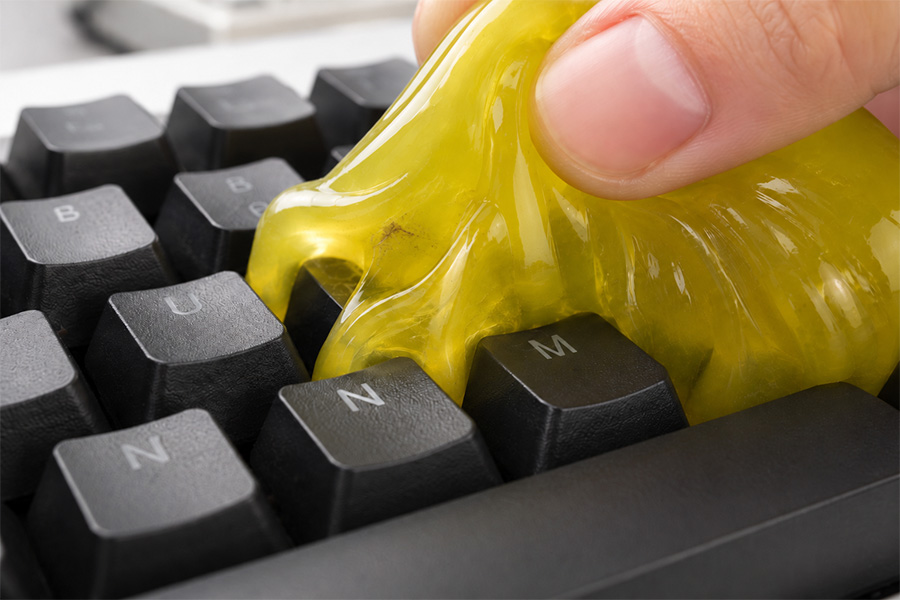 Cleaning gel pressed into a mechanical keyboard